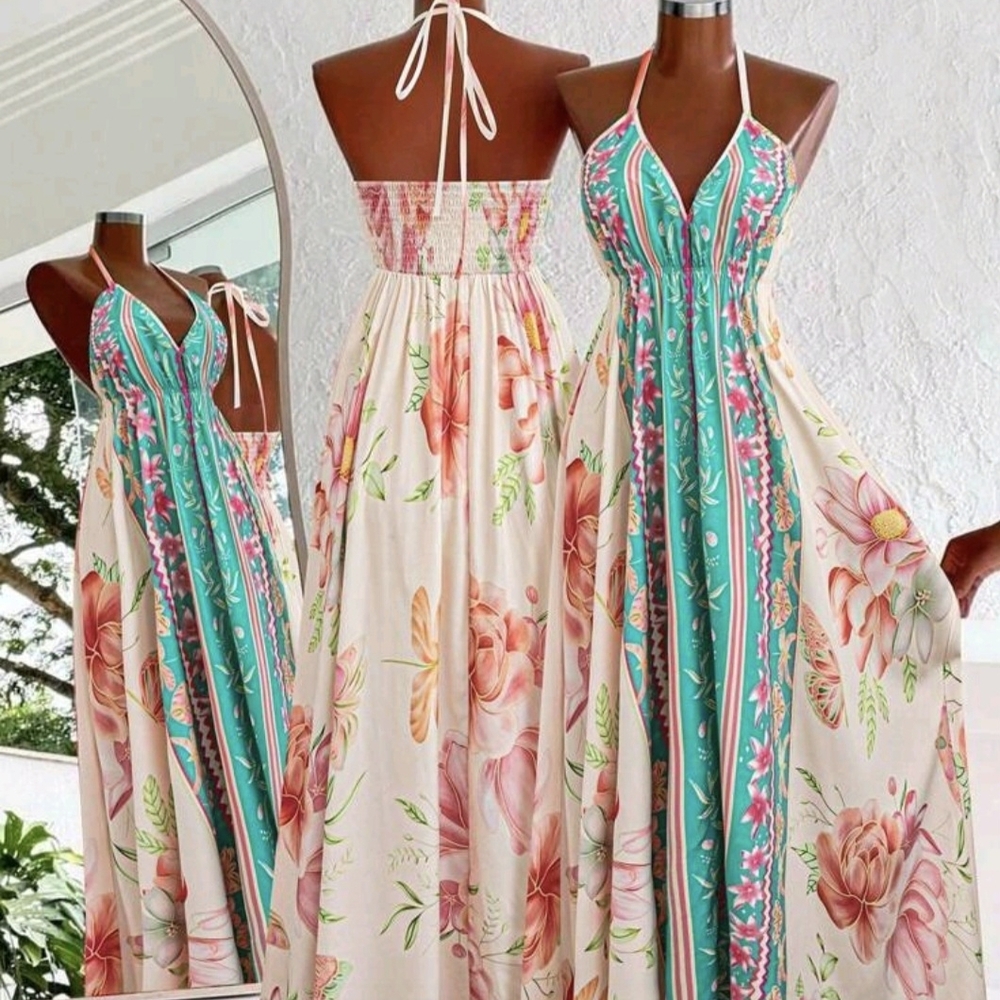 Elegant Floral Backless Maxi Dress